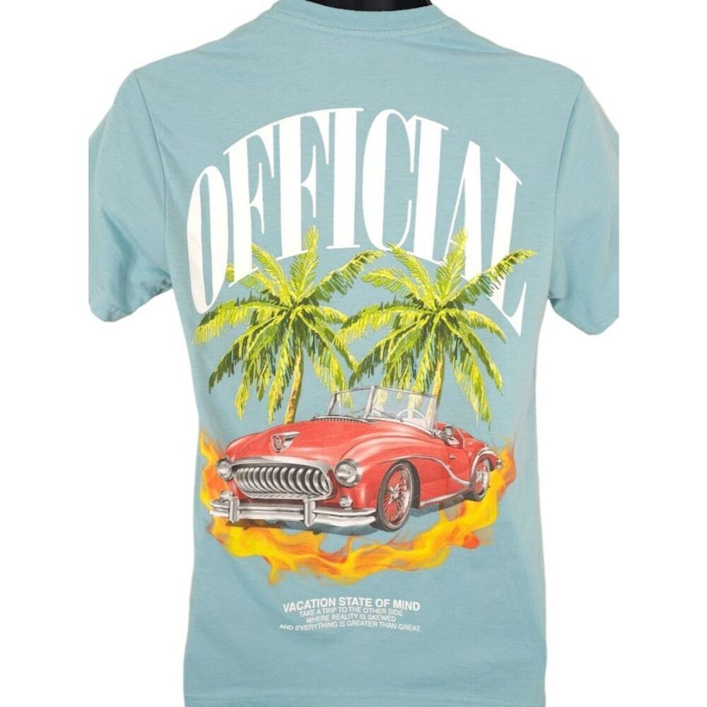 Vintage Style Car T Shirt Mens Size Small Blue Cabriolet Convertible Palm Trees